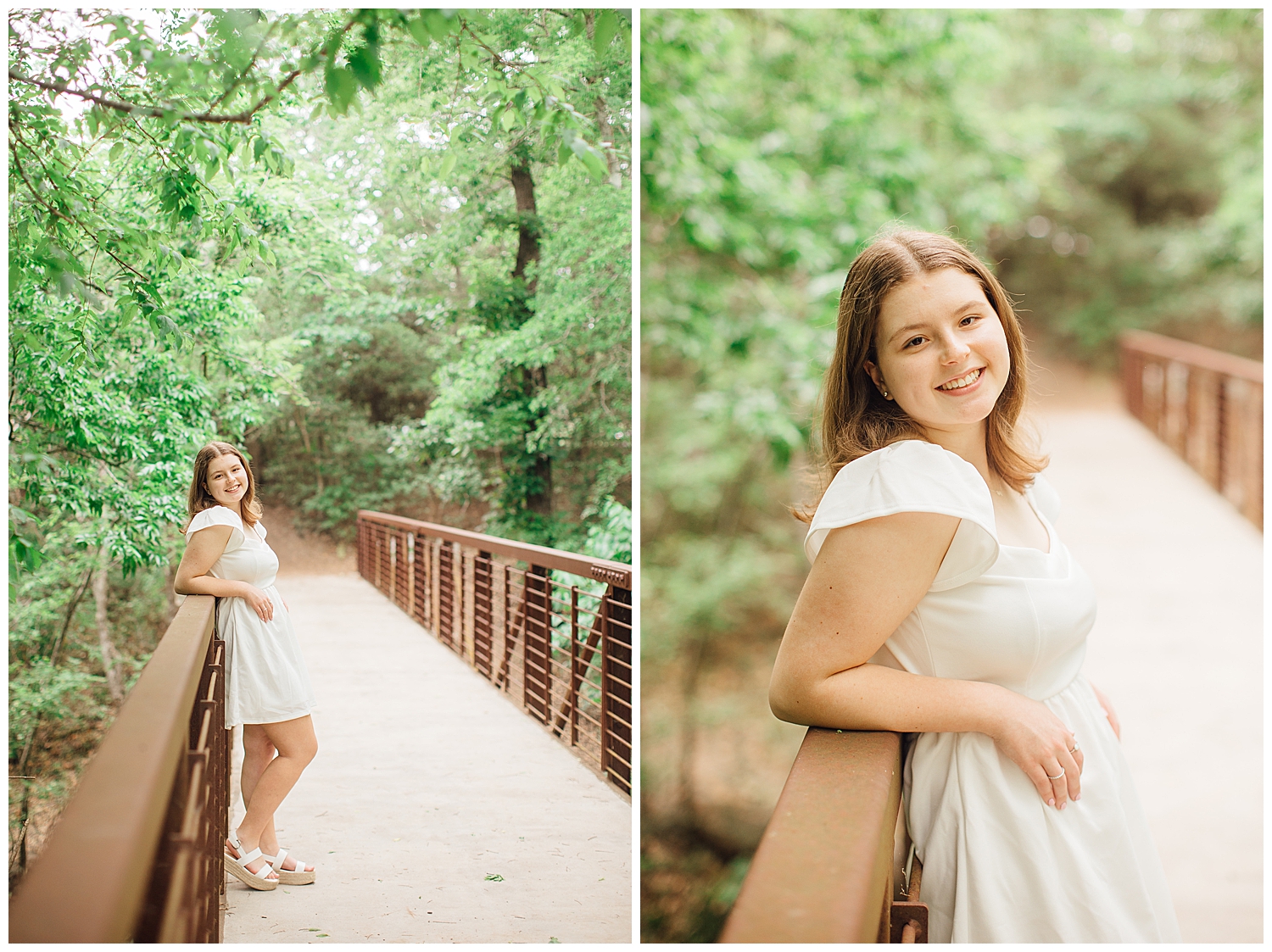 girl in white dress leaning against the bridge at Houston Arboretum