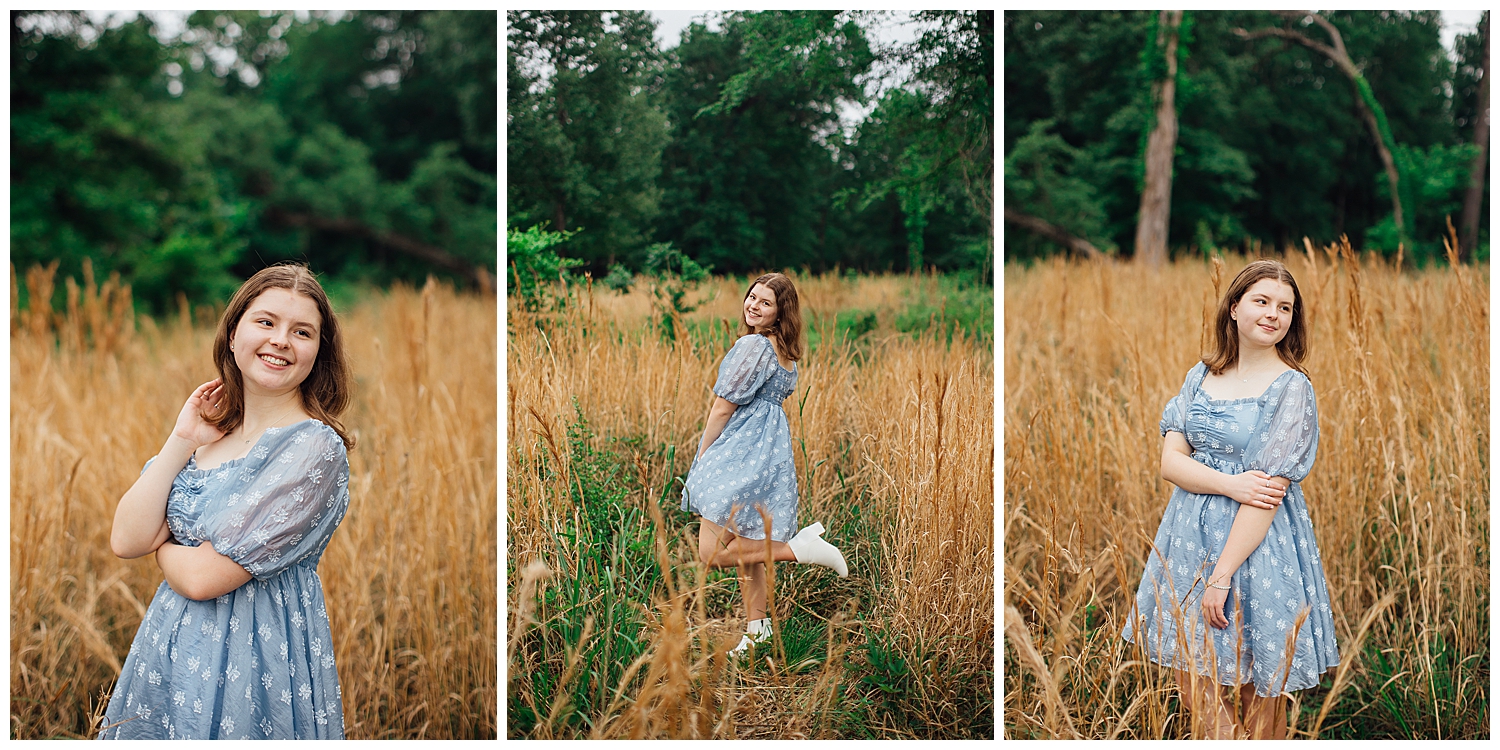 high school senior girl in blue dress and white boots in a Houston field