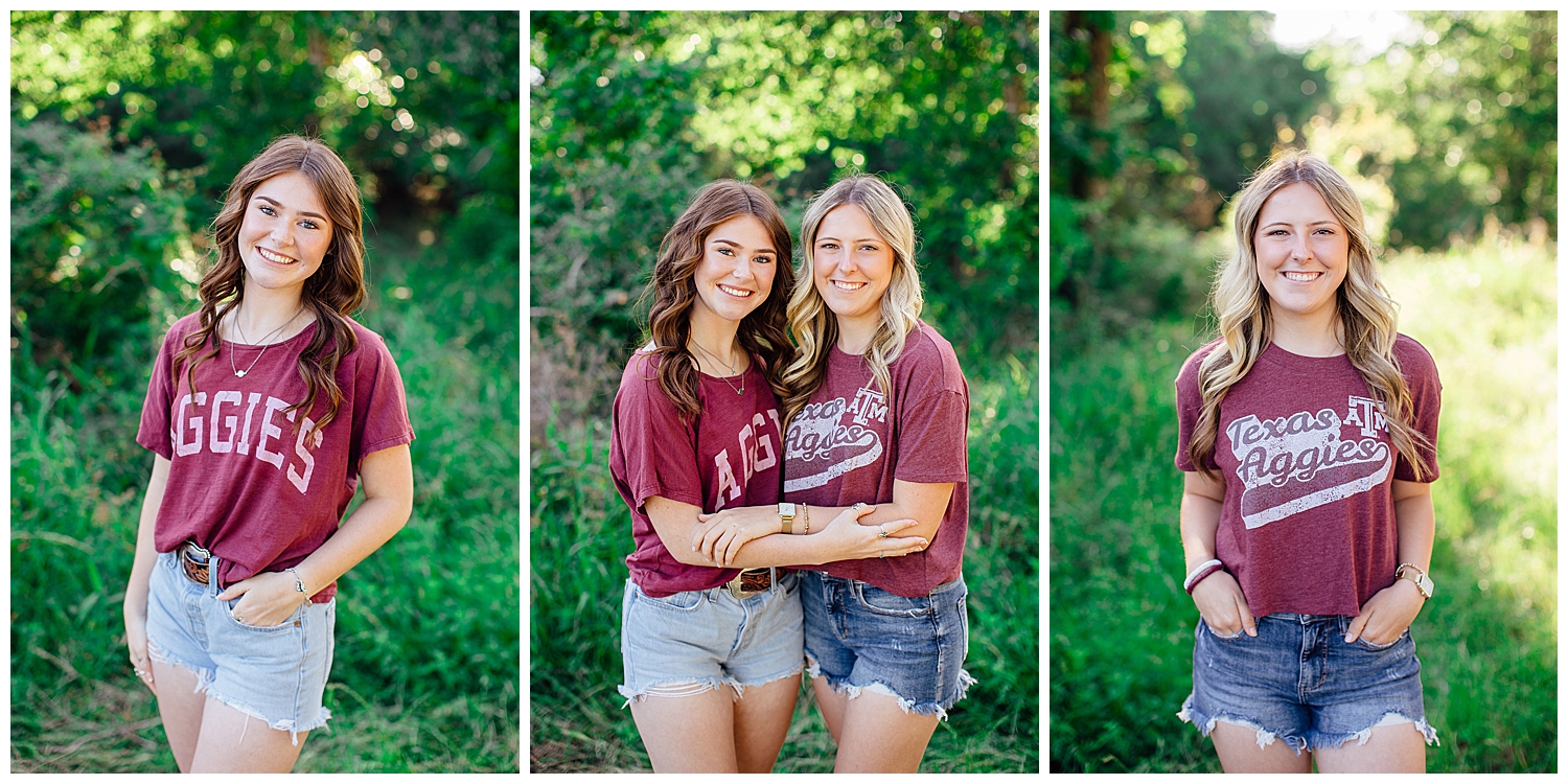twin girls in maroon shirts and denim shorts smiling in a field