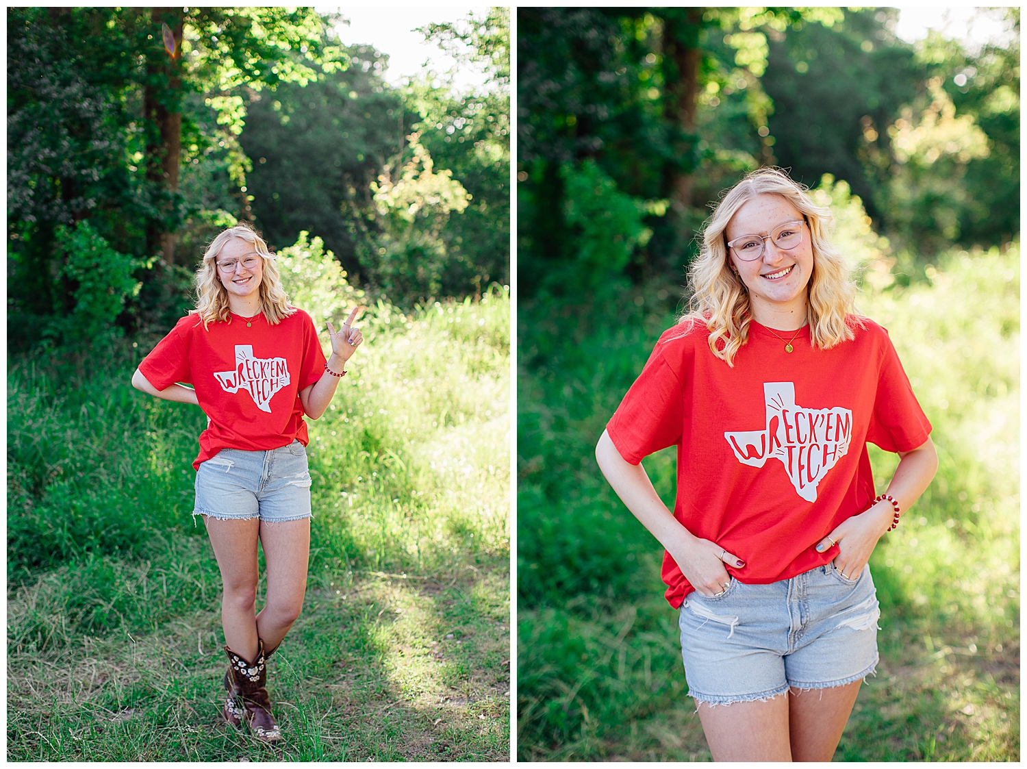 girl in red tshirt denim shorts and boots for senior photos
