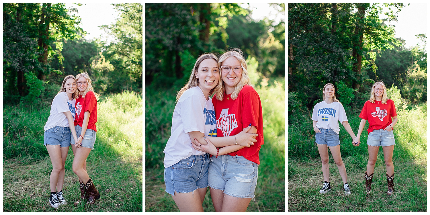 best friends hugging for college shirt senior photos outdoors in a field