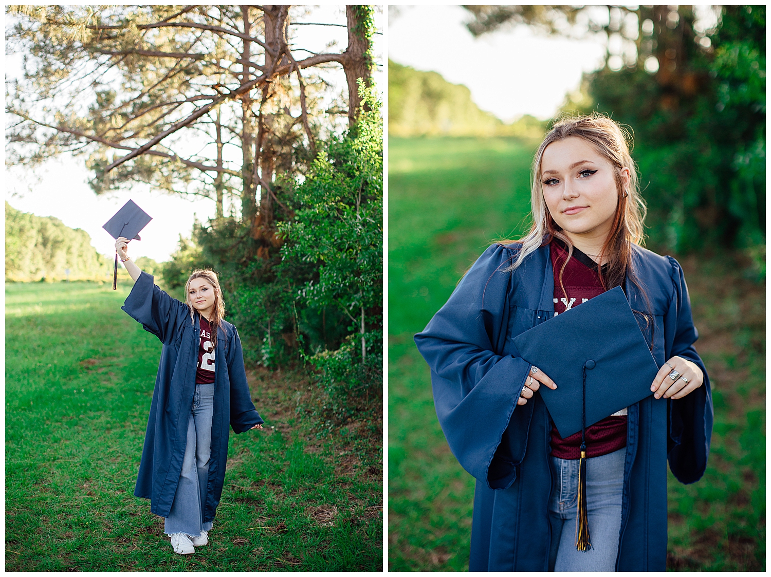 senior girl wearing graduation gown holding cap in the air Houston field