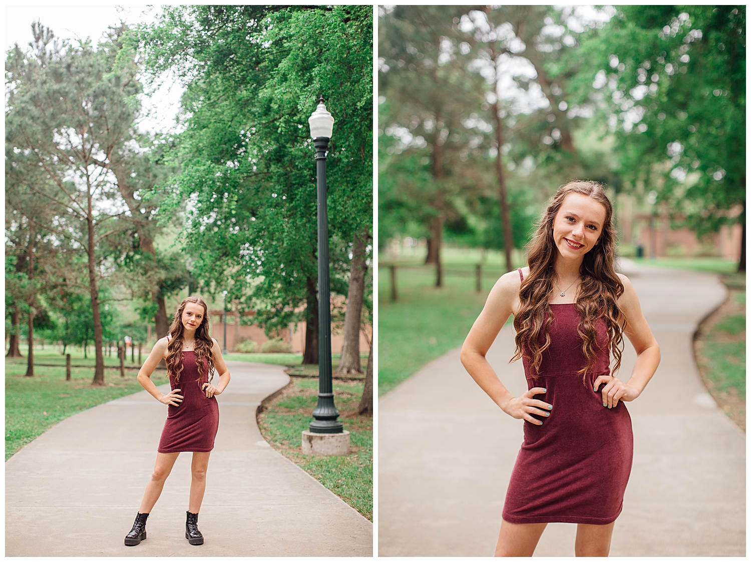 high school senior girl in burgundy dress with boots outdoors at Hermann Park