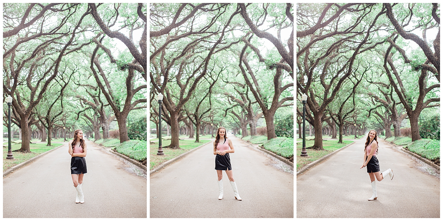 series of photos of high school senior girl in white boots, black skirt and blush sweater standing in tree line outdoor senior photos Houston