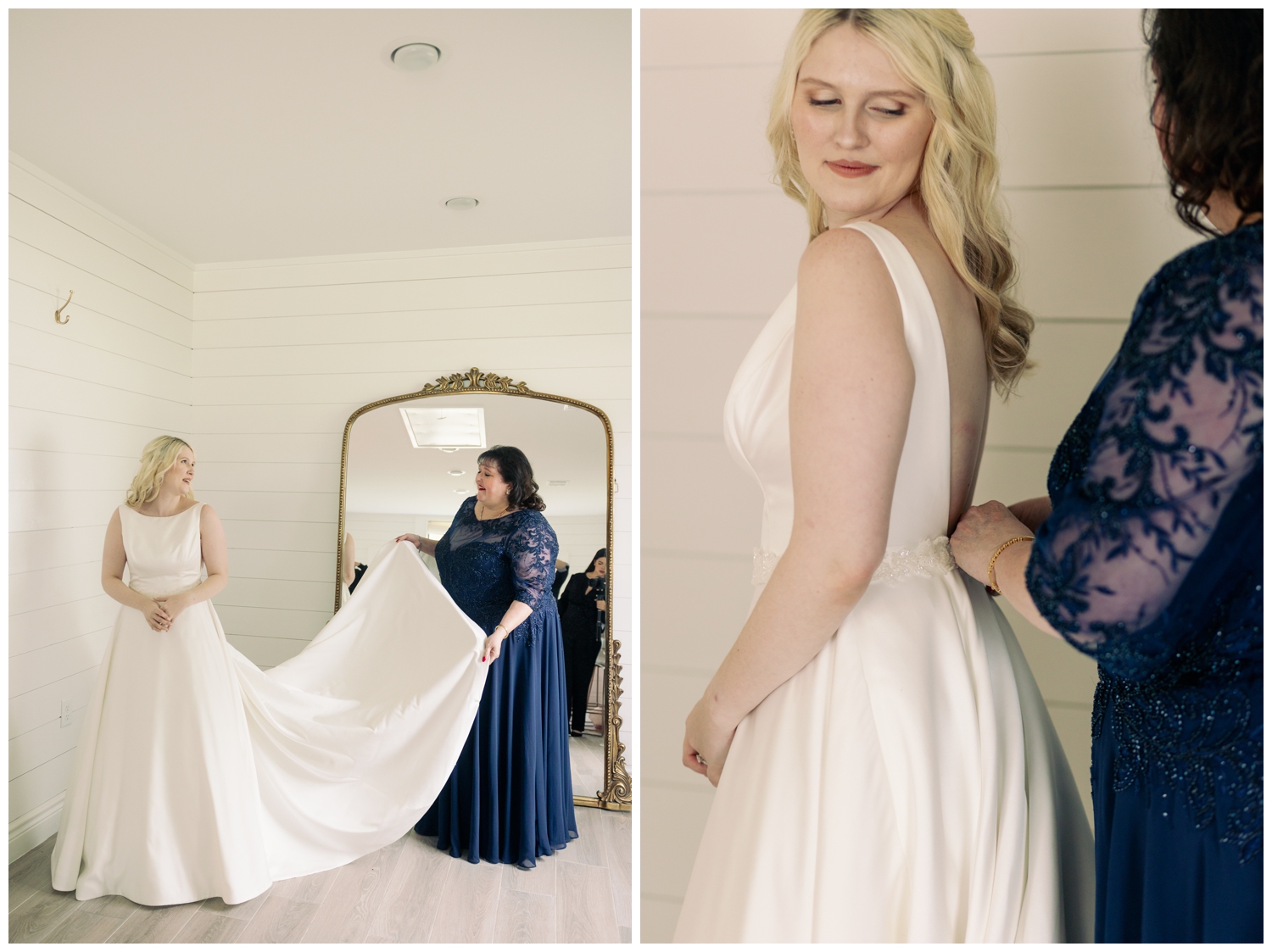mother of the bride fluffing bride's dress inside Boxwood Manor bridal suite