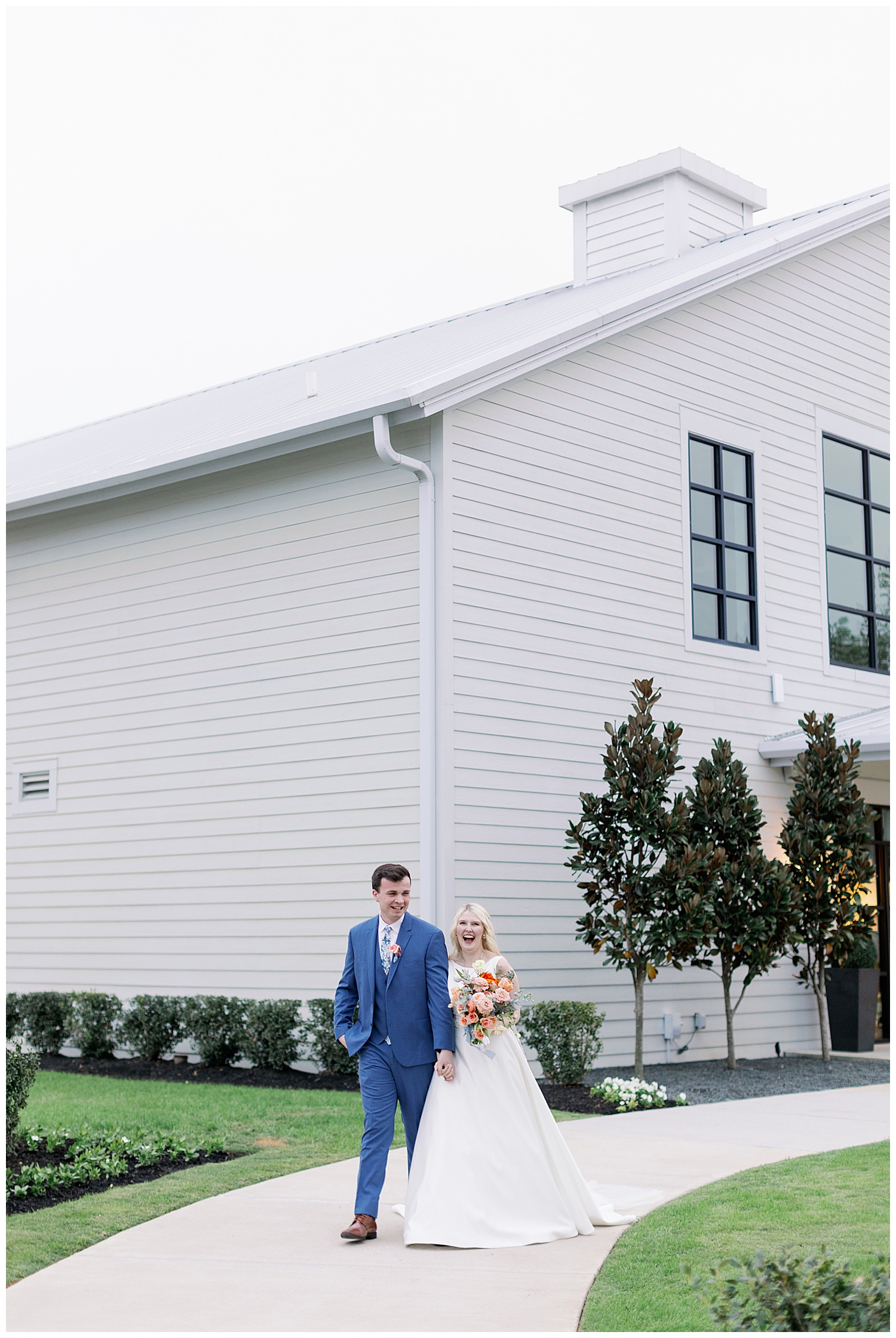 bride and groom holding hands and walking outside Tomball texas