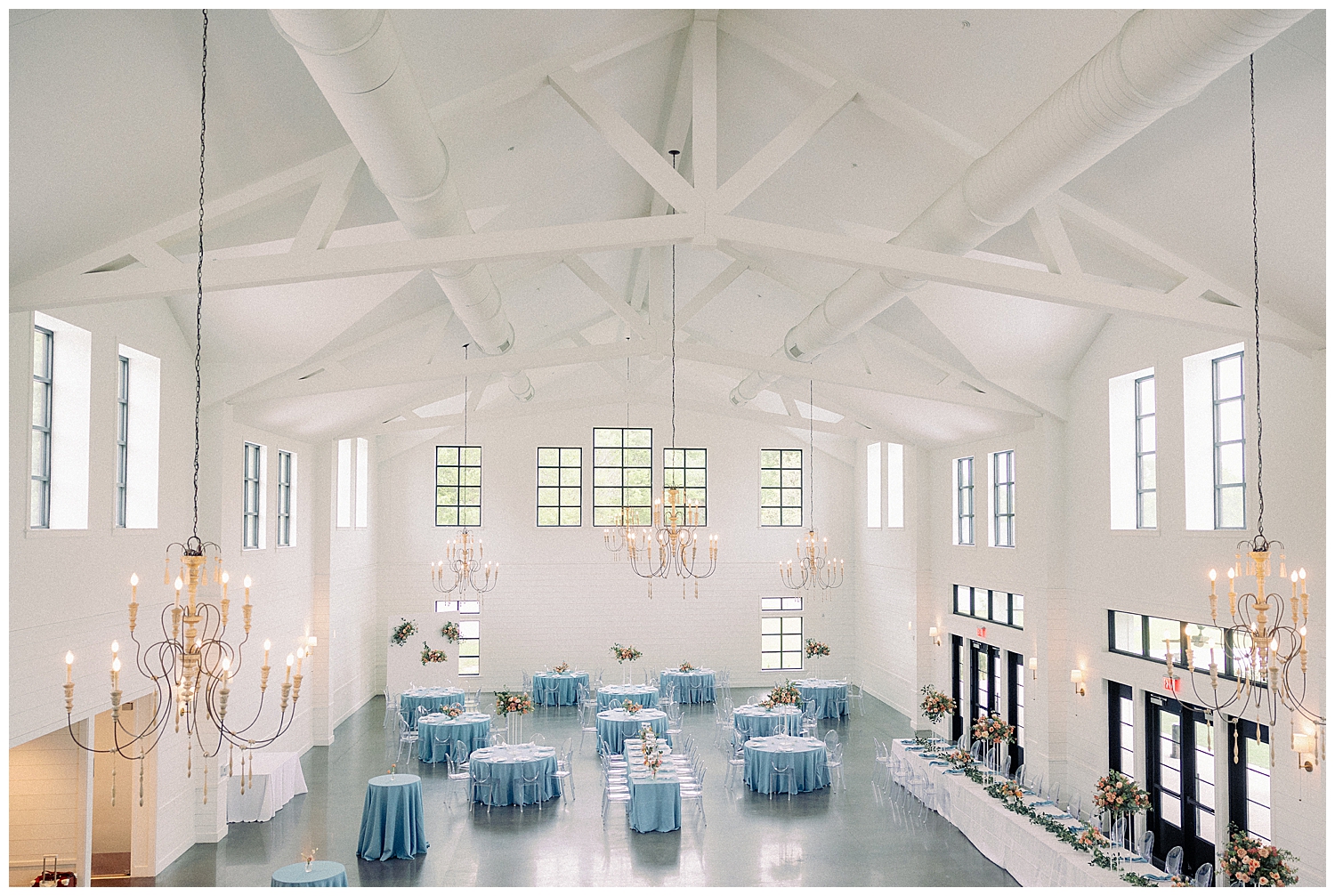 full view of baby blue and white Boxwood Manor wedding reception