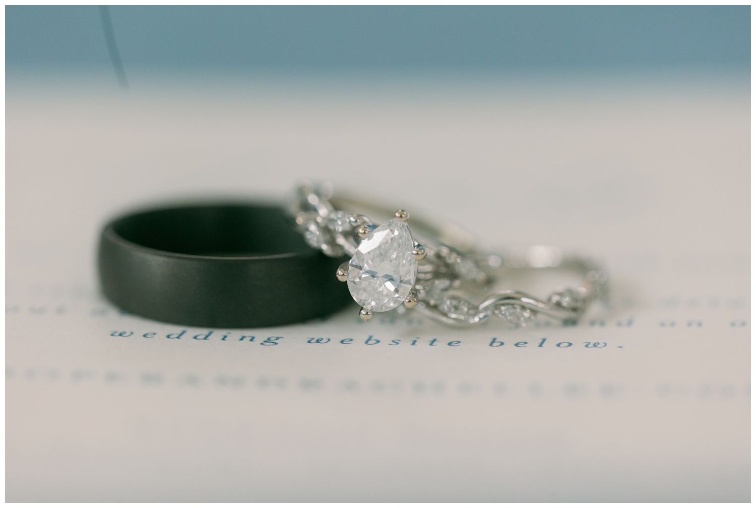 wedding rings laying on white invitation