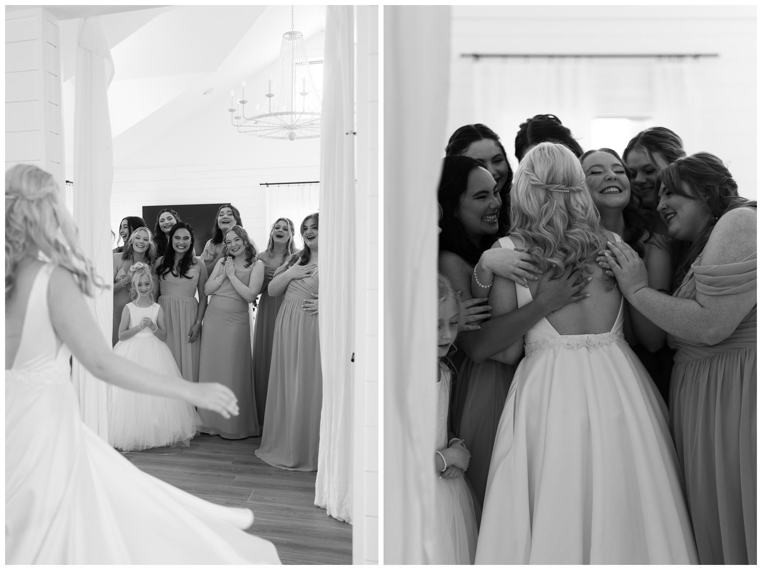 black and white image of bride hugging bridesmaids
