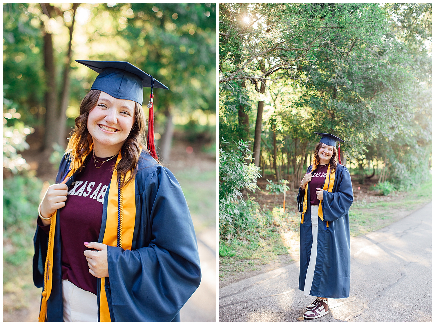 cap and gown senior pictures with girl standing on pathway