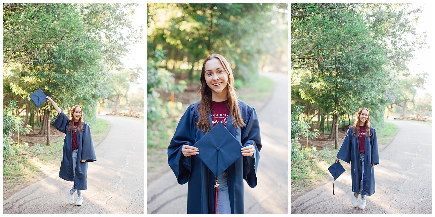 images of high school senior girl in navy cap and gown for cap and gown senior pictures