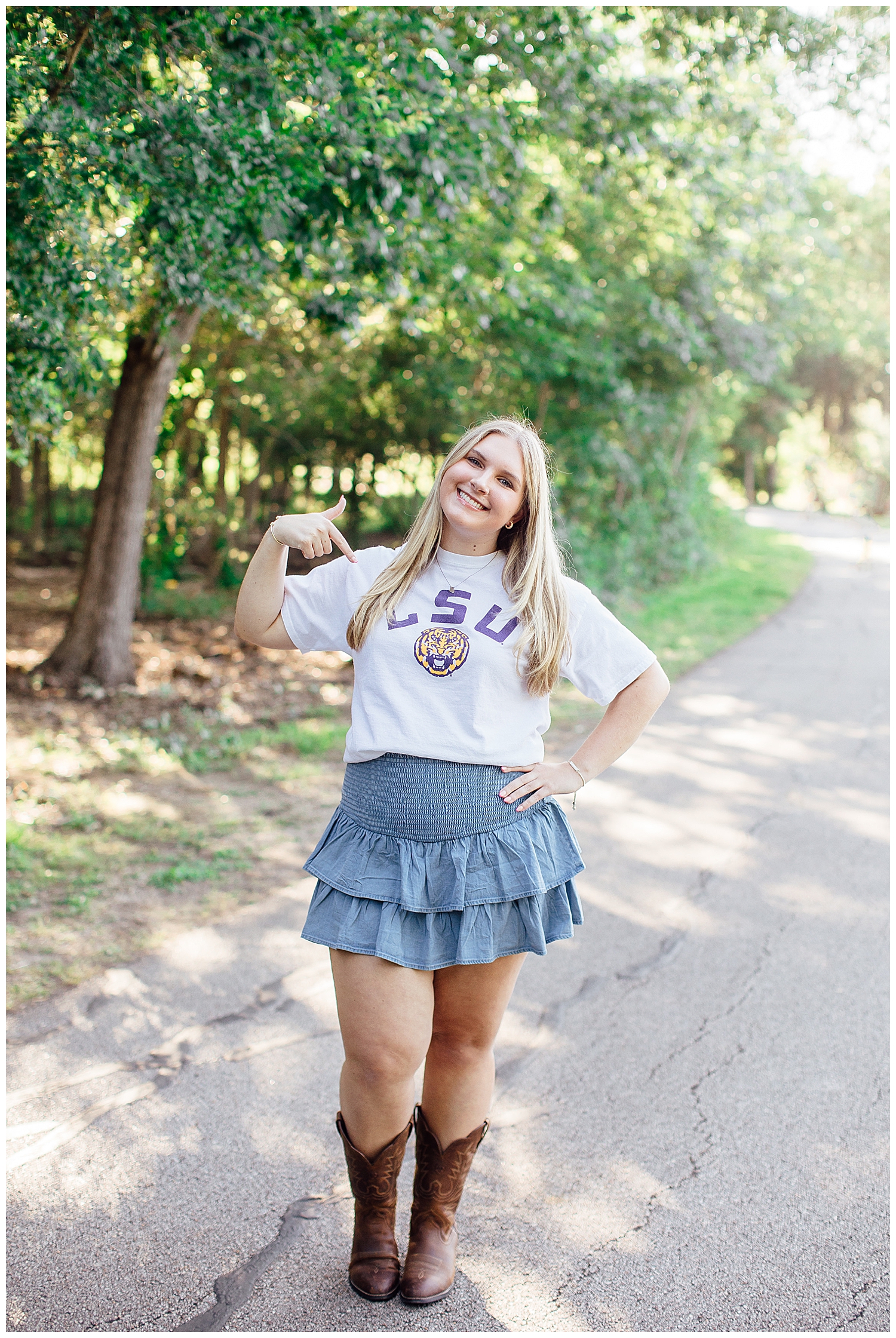 high school senior girl in denim skirt boots white college tshirt houston, texas