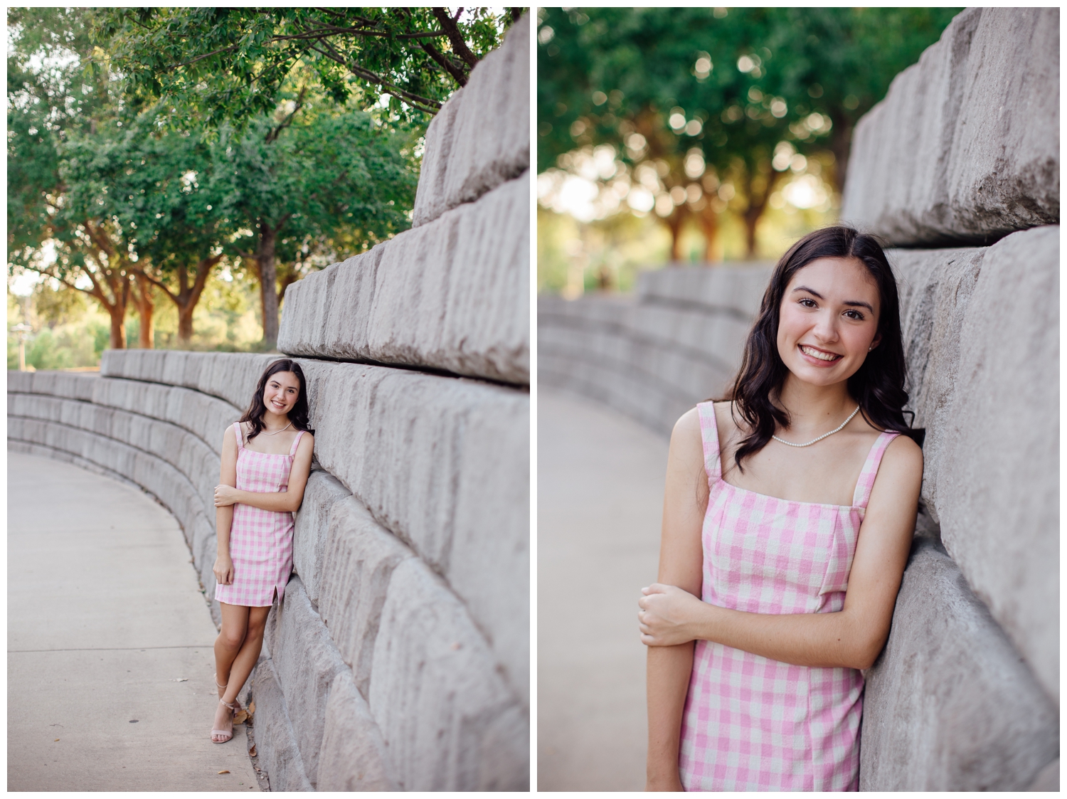 senior photos Houston with girl in pink white dress leaning against gray wall
