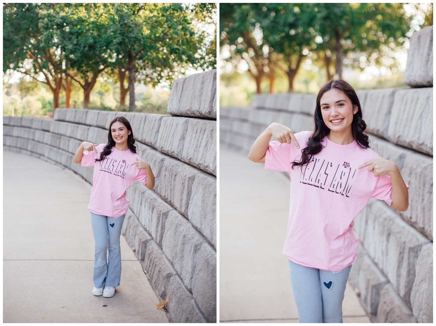 girl in jeans and pink Texas Aggie shirt near white column senior photos Houston