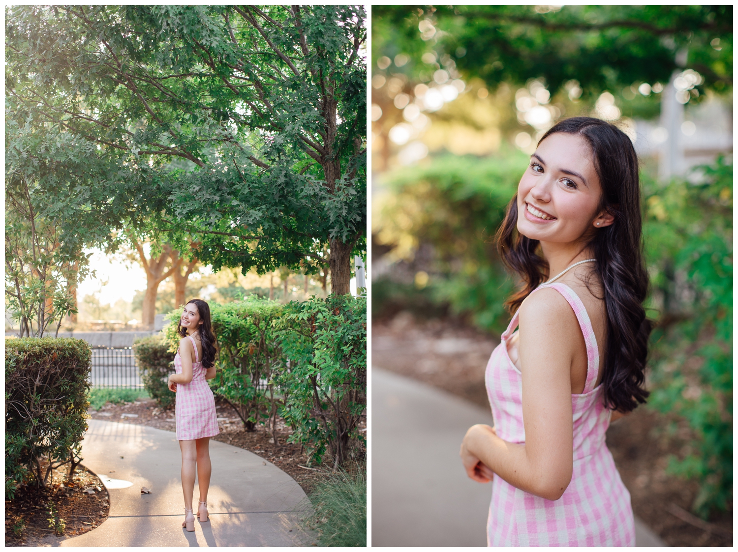 girl in pink dress standing outdoors with hands crossed in front of hips