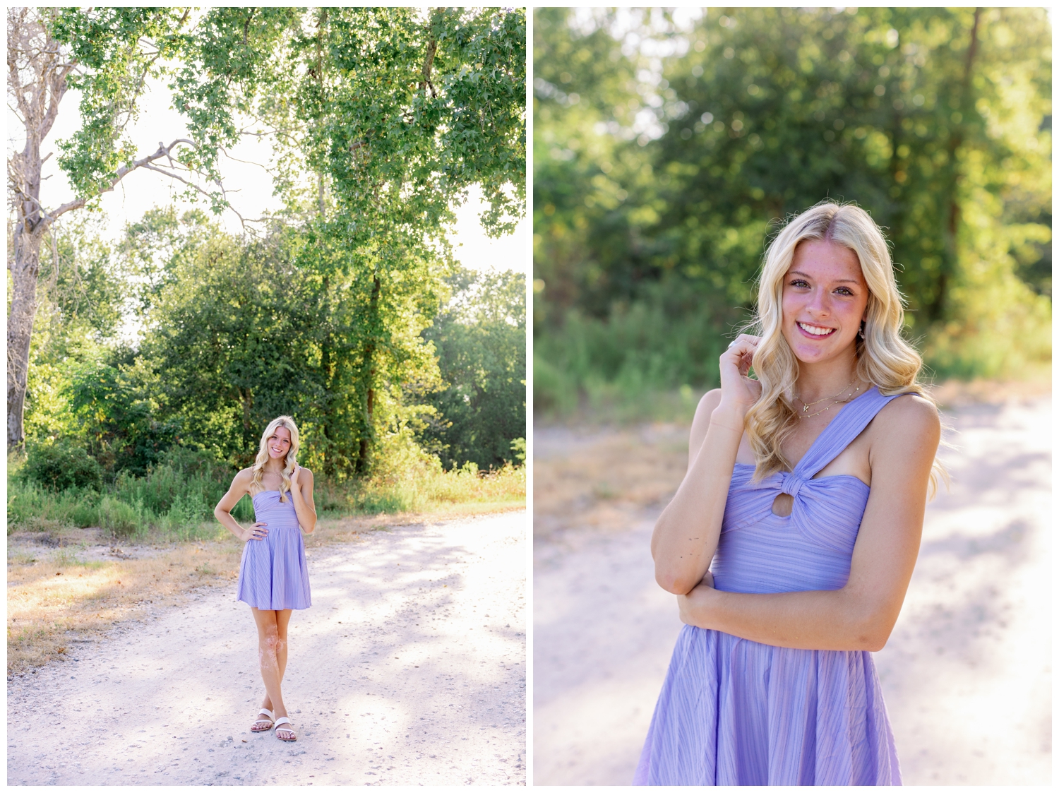 high school senior girl in lavender dress with hand on hip outside Cy Hope