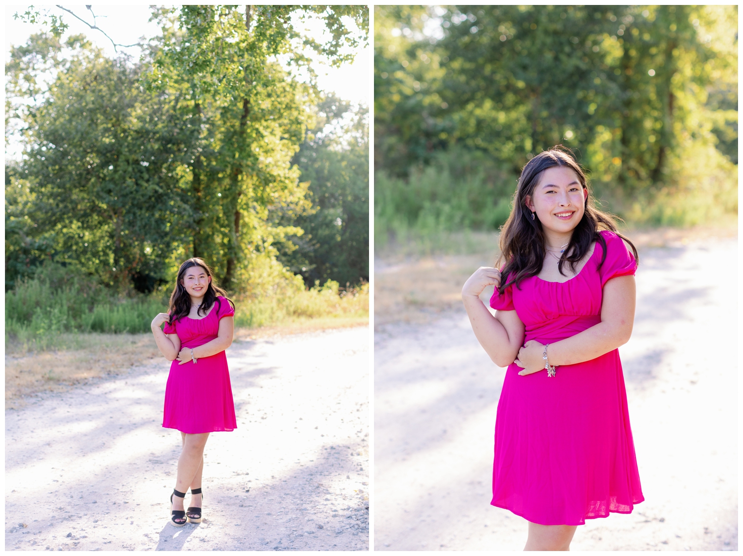 girl in hot pink dress with hand in hair posing for Reed Gallagher Photography