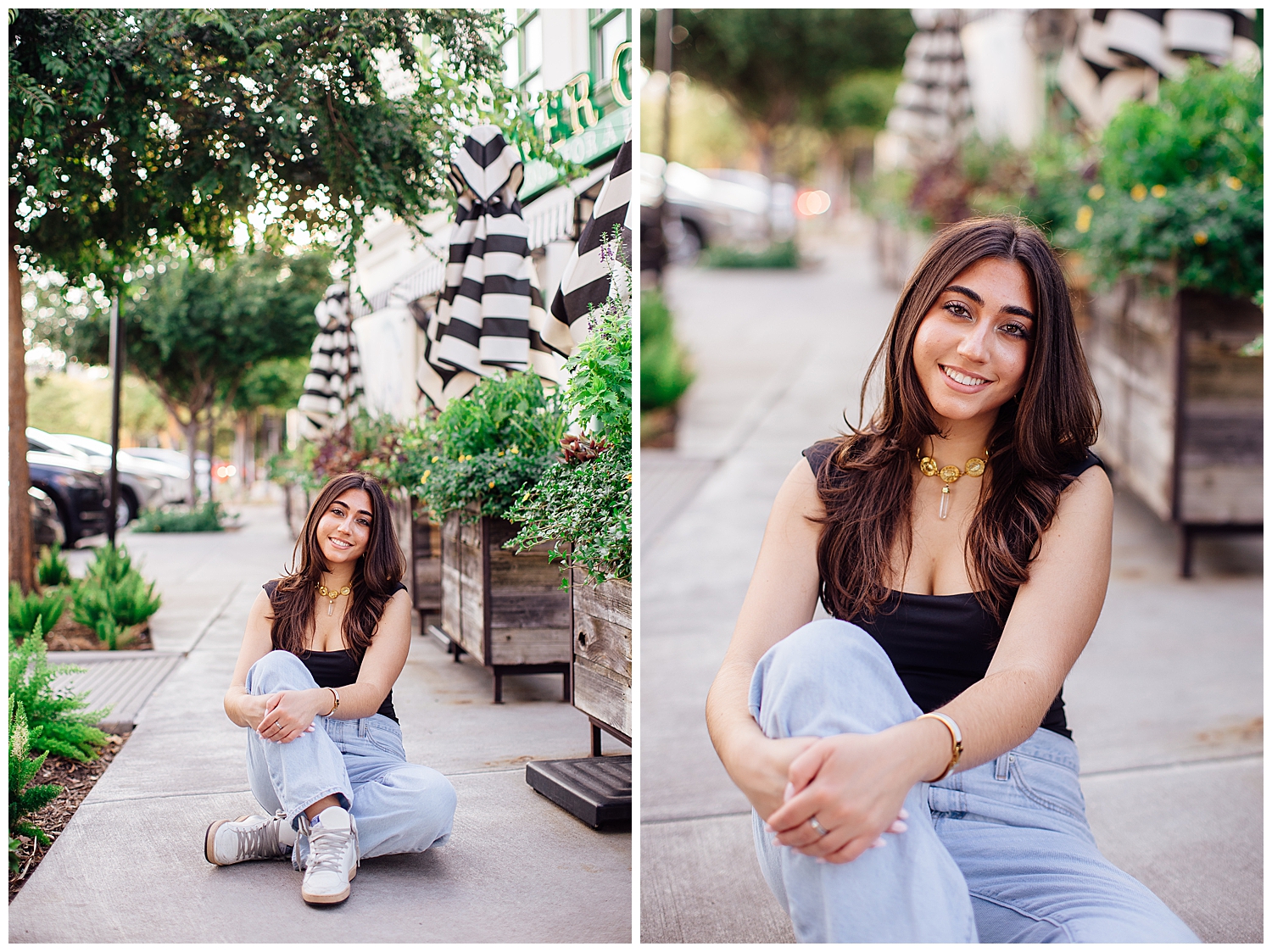 girl in jeans and black top sitting on ground Uptown Park senior photos Flower Child Houston