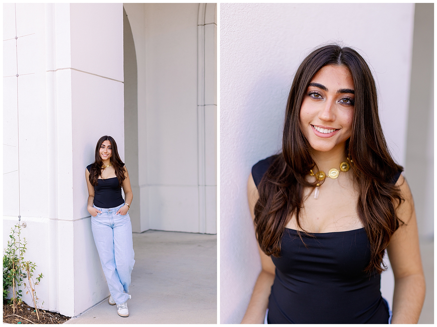 high school senior girl in jean and black shirt leaning against white wall outdoors Houston, Texas