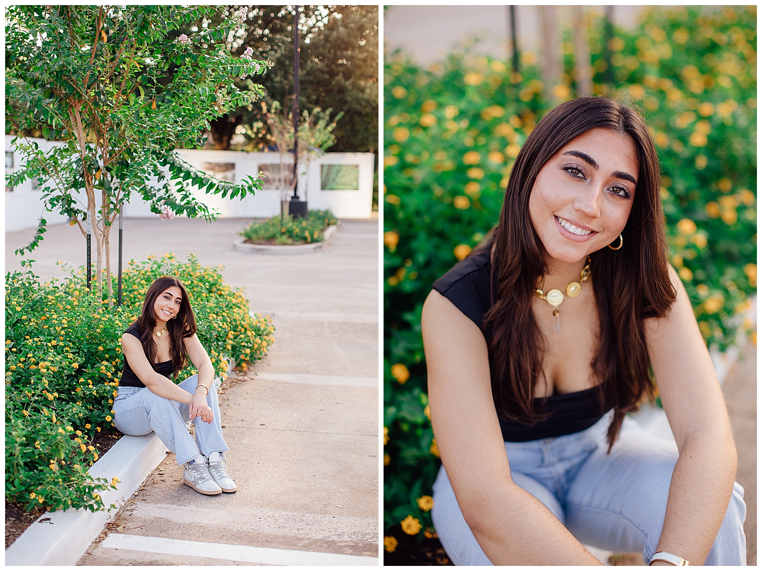 girl in jeans and black top sitting on curb in front of yellow flowers at Uptown Park