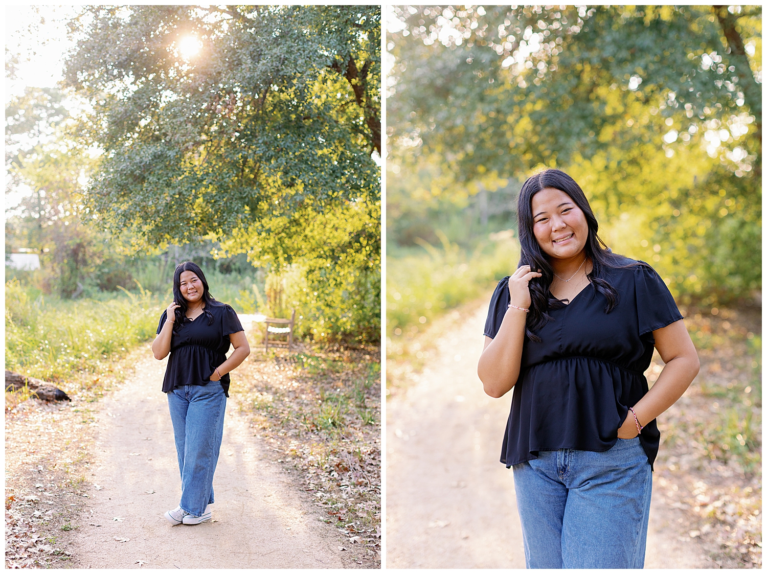 girl in jeans and black top walking inside Houston Arboretum with hand in hair
