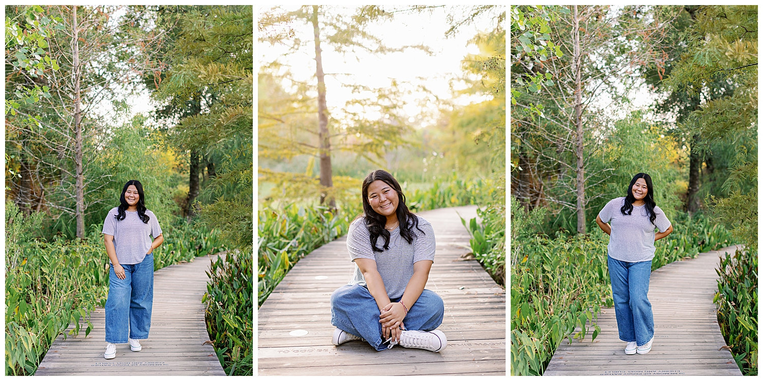 Houston Arboretum senior session with girl in denim jeans and tshirt on boardwalk