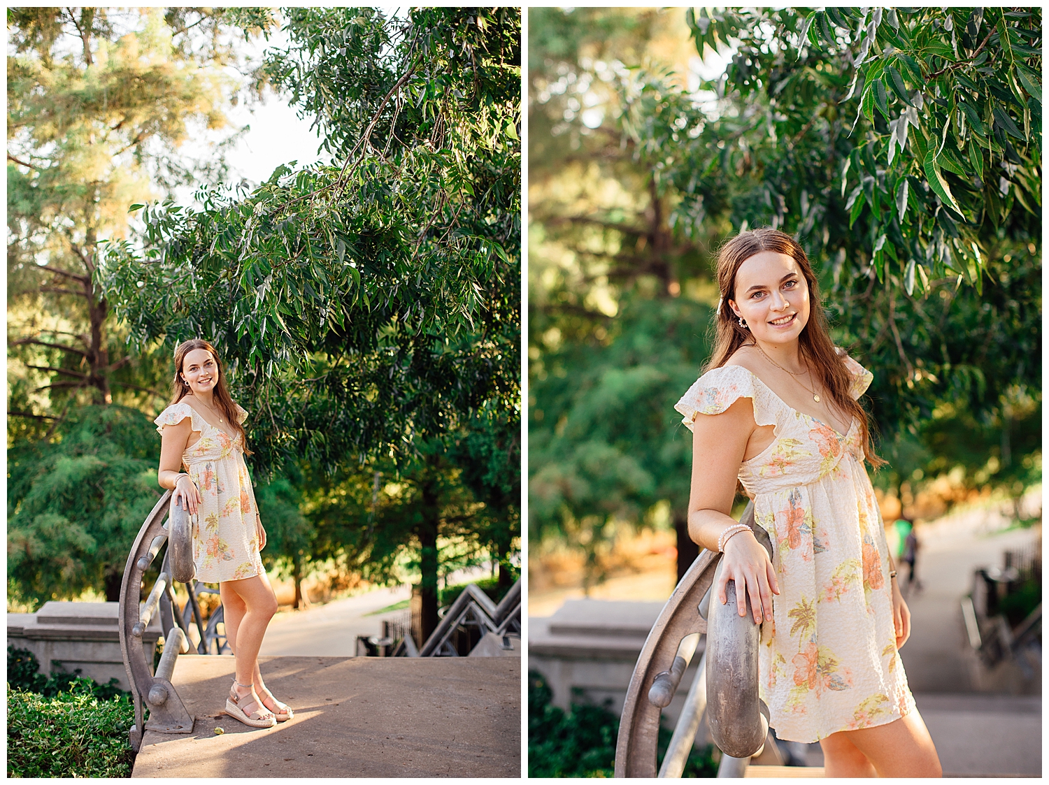 Houston outdoor senior photos at Sabine park with girl in yellow floral dress standing