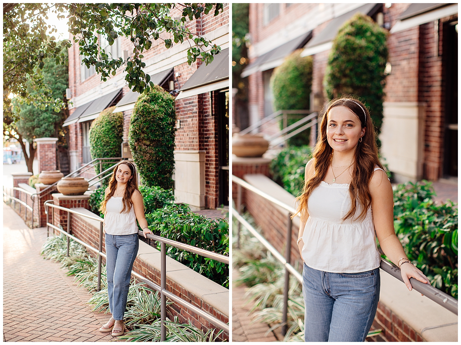 girl in jeans and white shirt standing and smiling for Houston outdoor senior photos downtown
