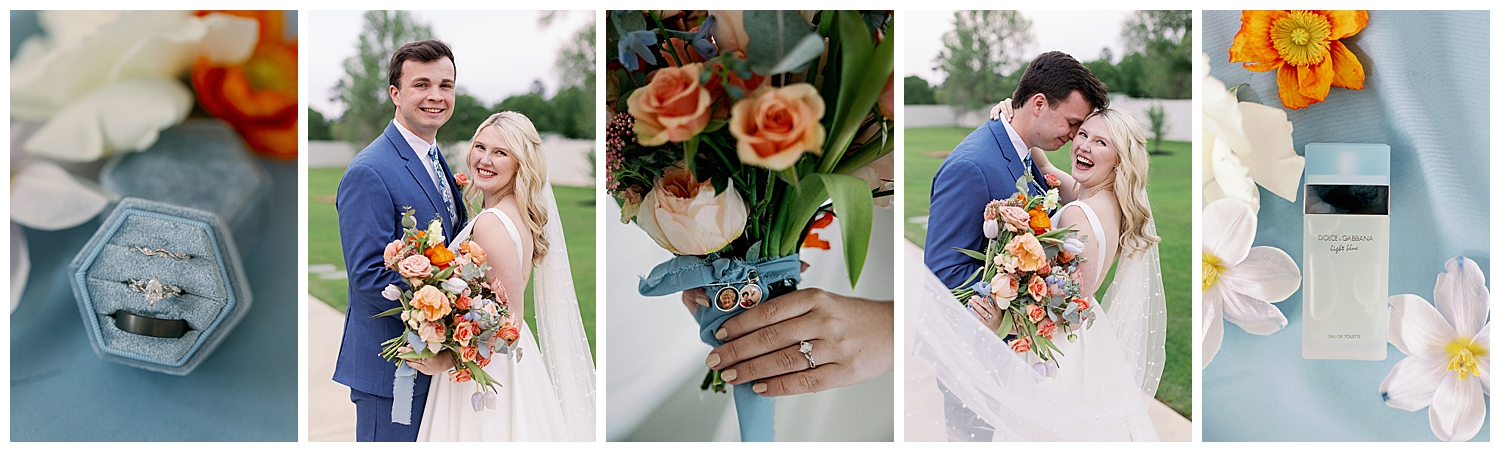 five photos of bride groom floral bouquet and flat lays for Boxwood Manor Wedding