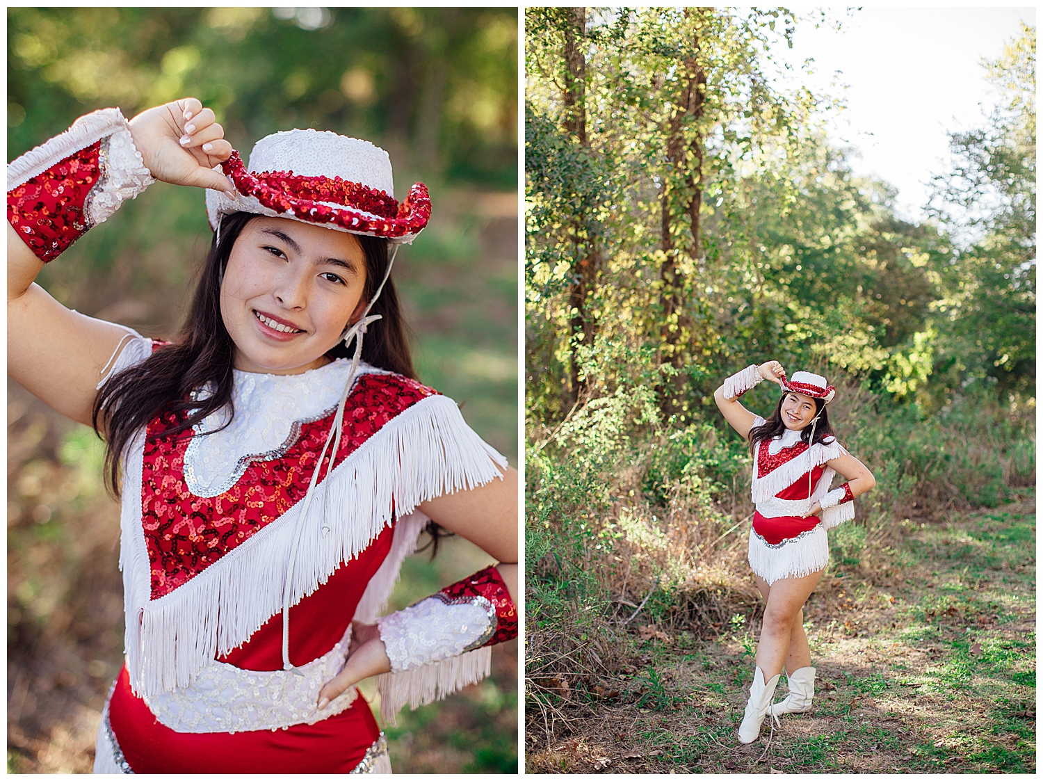 high school senior standing in field at Cy Hope in red and white drill team outfit for outdoor senior photographer