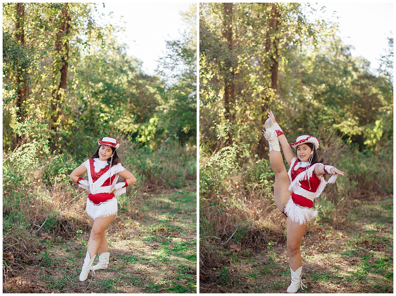 high school senior girl standing in a field at Cy Hope wearing red and white drill team uniform kicking her leg