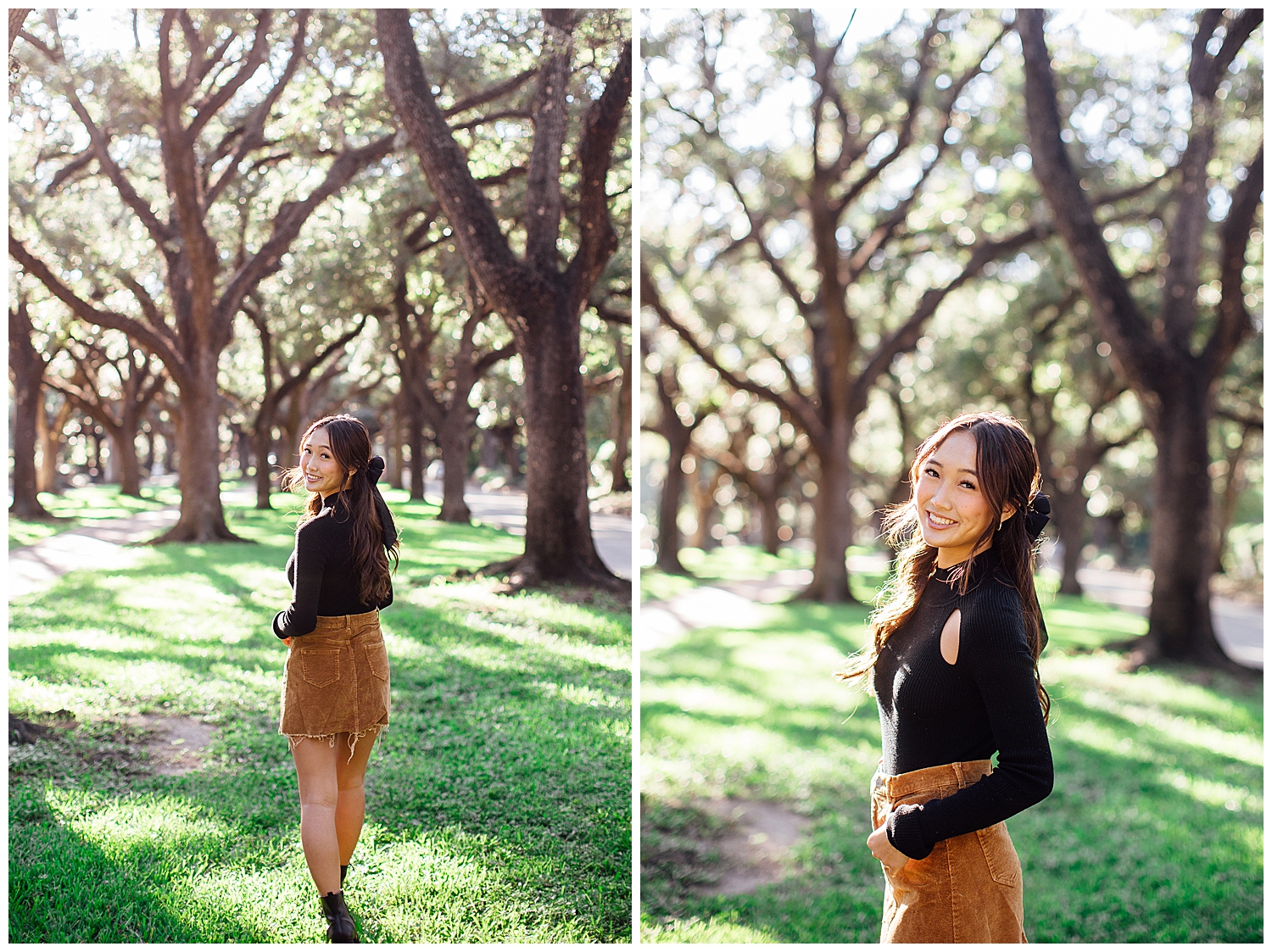 fun senior pictures Houston at tree line North South blvd with girl in black shirt brown skirt walking