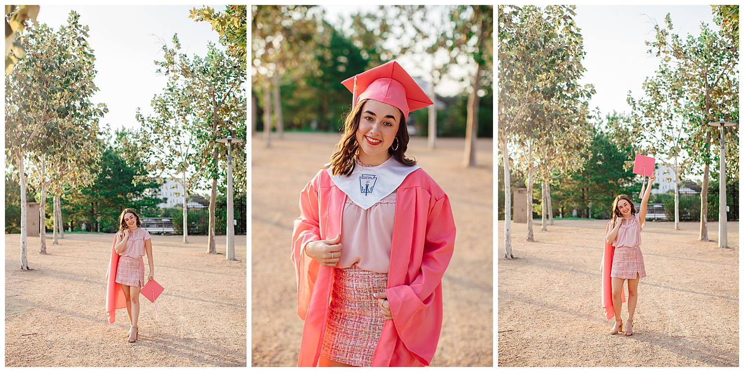 Houston high school senior girl in pink cap and gown outdoors Sabine Park