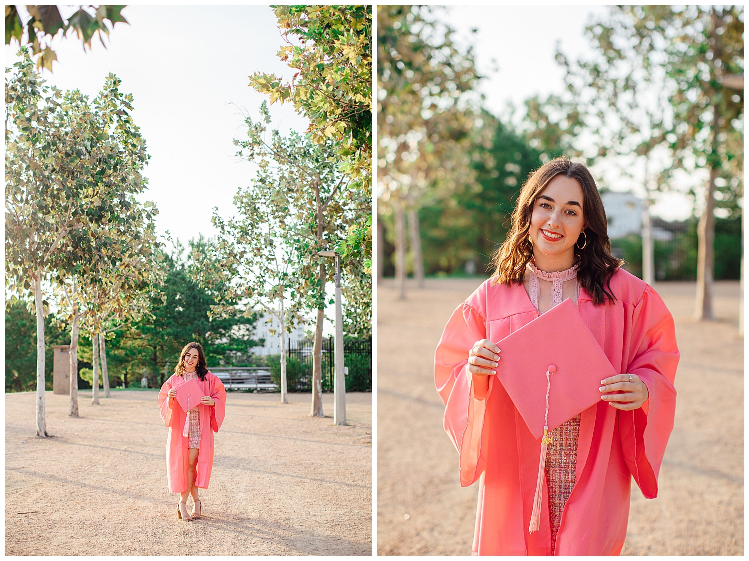 high school senior in pink graduation cap and gown standing in tree line downtown Houston
