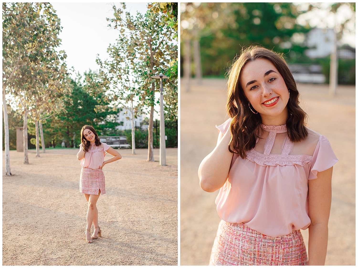 high school senior girl in pink skirt and pink dress walking outdoors Sabine Park tree line