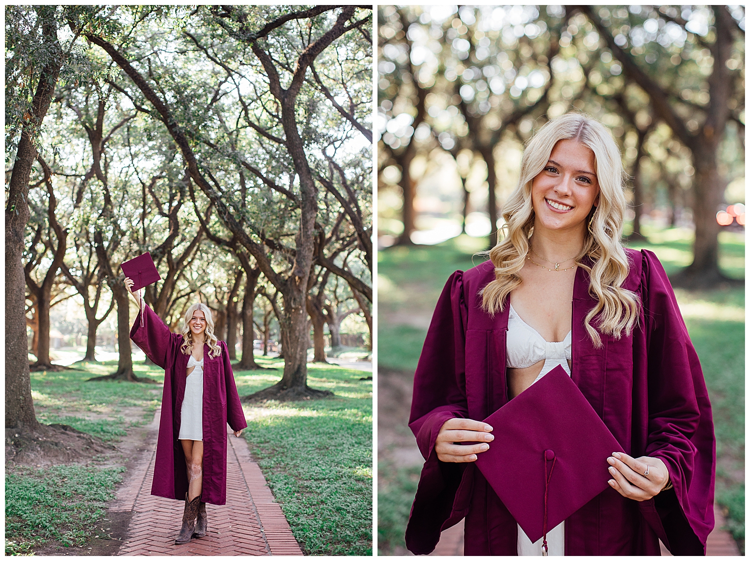 high school senior girl standing in tree line North South Blvd Houston in maroon graduation cap and gown