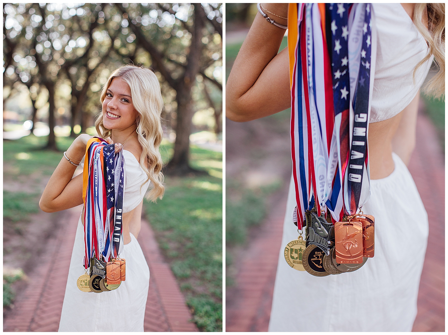 girl in white sundress holding medals over her shoulder on pathway between trees Houston