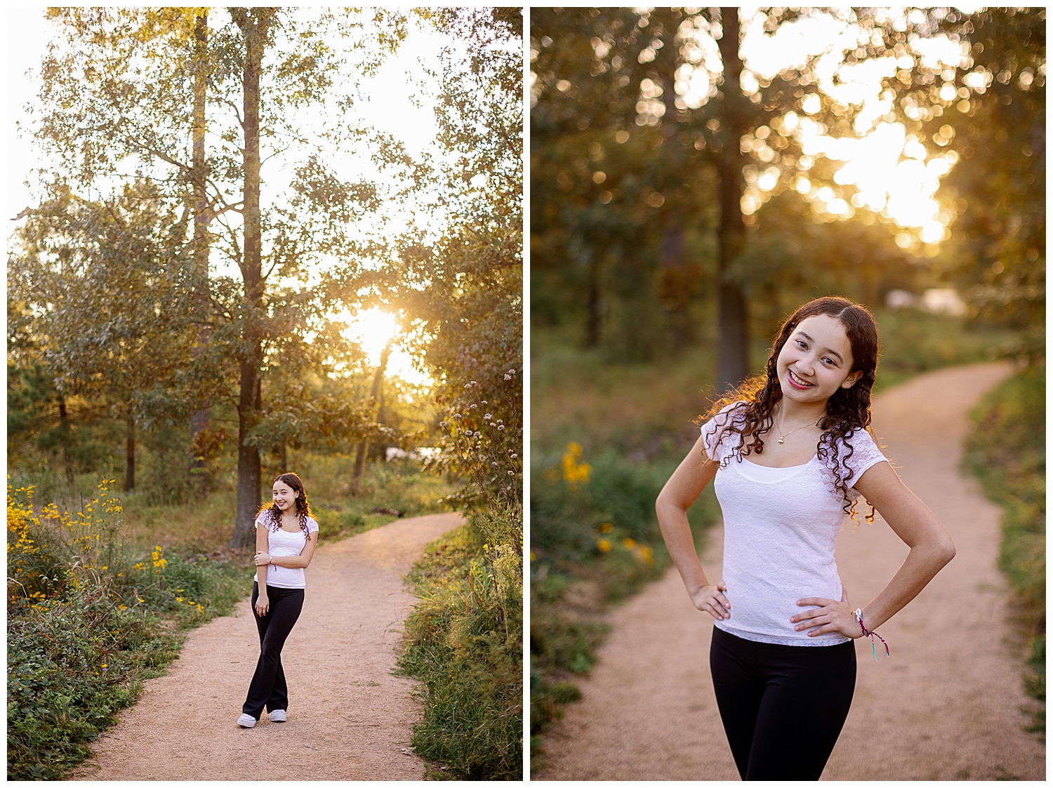 high school senior girl in jeans and white shirt walking outdoors Houston Arboretum