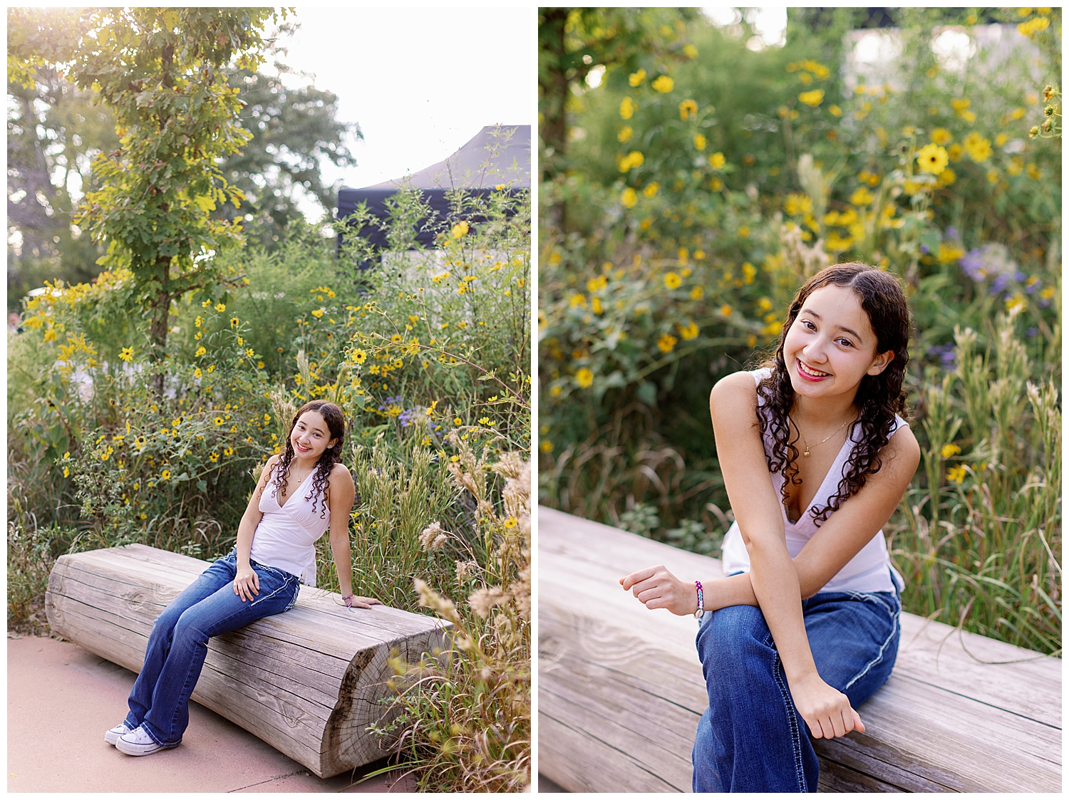 girl in jeans and white shirt sitting on bench Houston Arboretum senior pictures with flowers