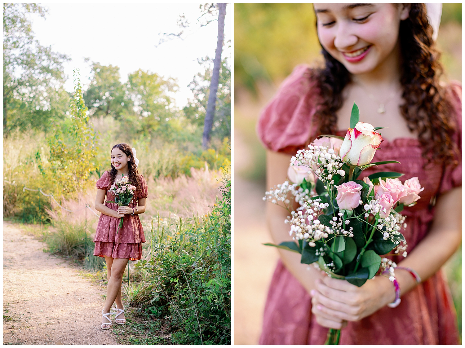 girl in pink sundress posing for Houston senior pictures with flowers holding pink and white bouquet