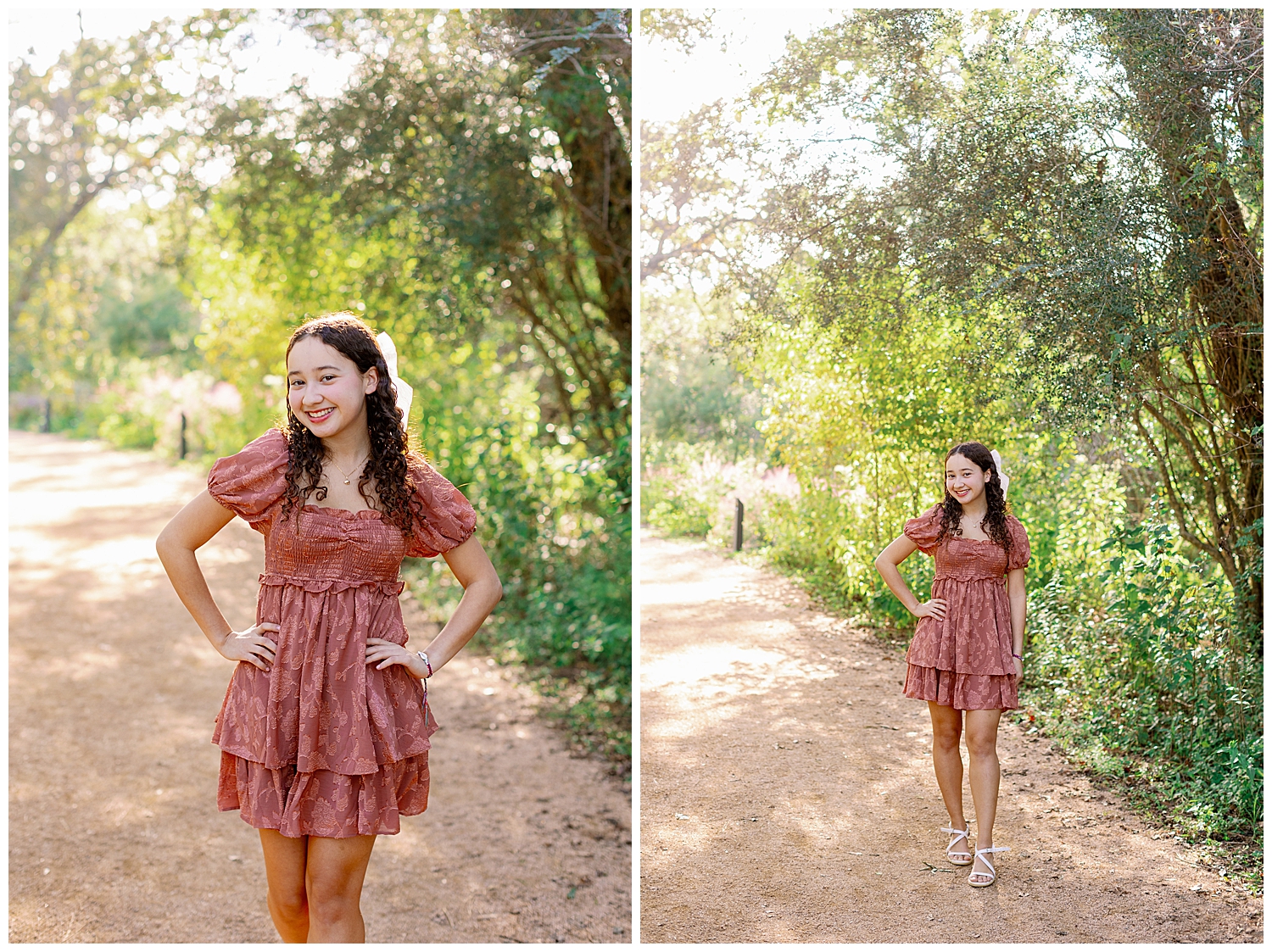 high school senior girl in mauve sundress standing outdoors smiling with hands on hips