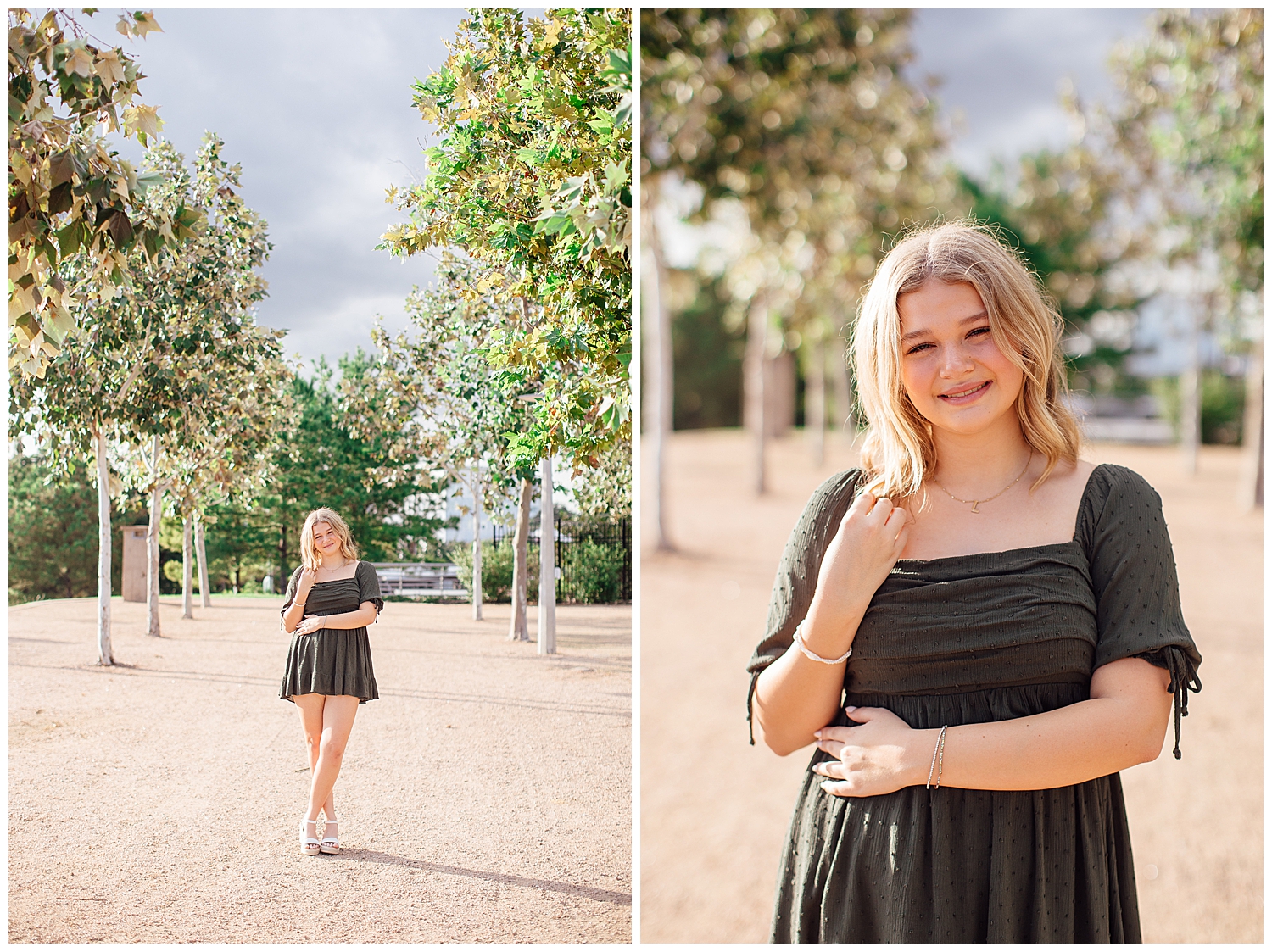 high school senior girl in dark green dress with hand in hair standing outdoor Sabine Park Buffalo Bayou Houston