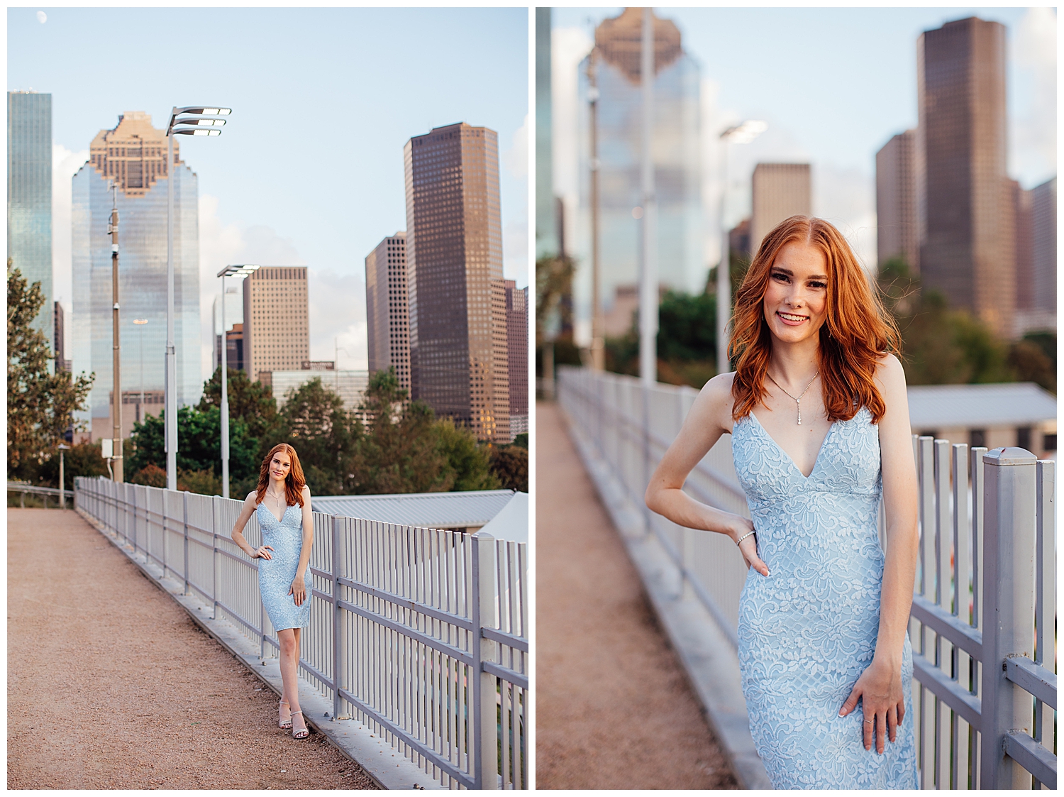 high school senior girl in light blue dress standing in front of Houston skyline with hand on hip