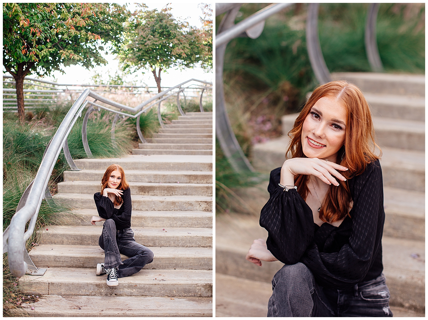 outdoor Houston senior pictures with girl in black pants sitting on stair case
