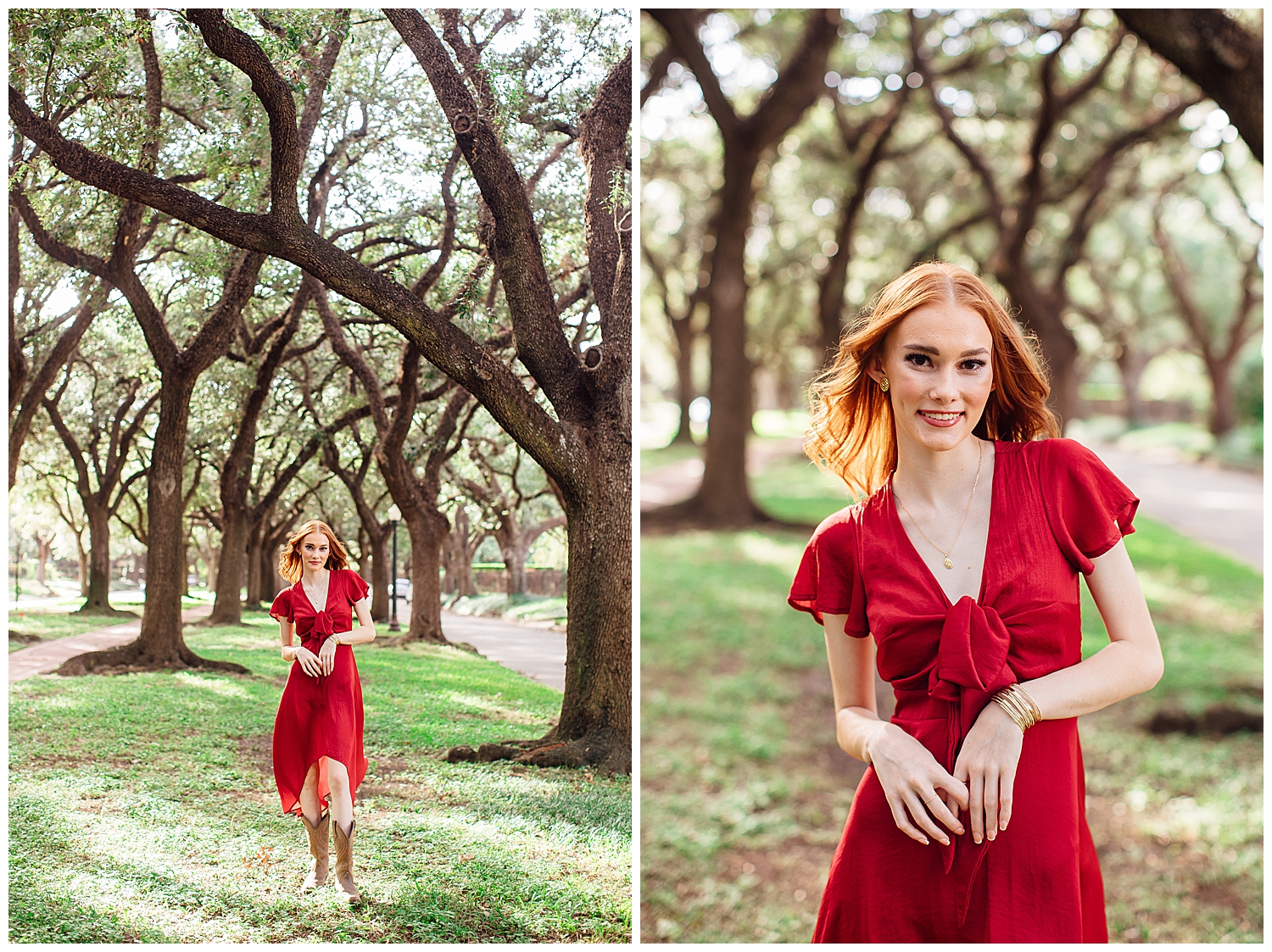 girl in red dress standing with hands crossed in between Houston tree line North South blvd.