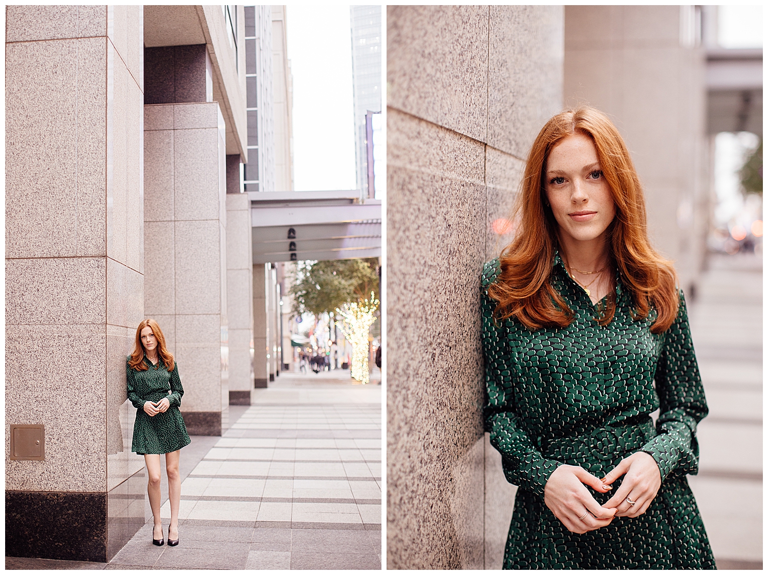 downtown Houston senior photography with girl in green dress leaning against cream building