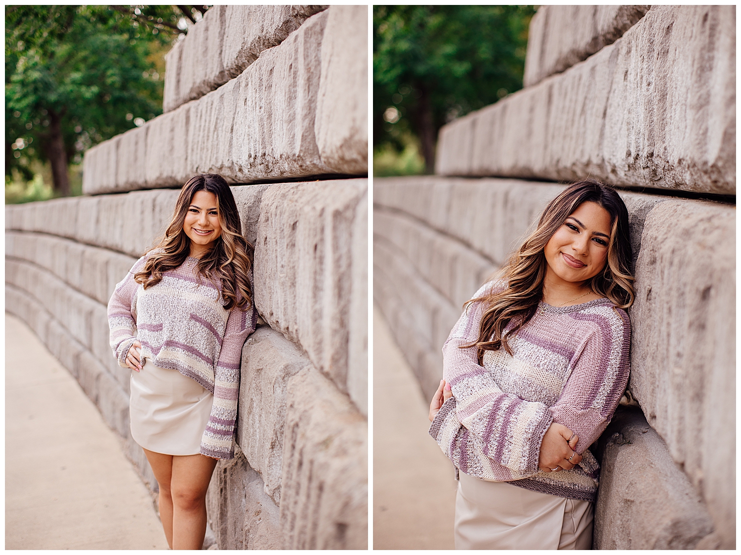 Houston senior photography session at Sabine Street Park with girl in white skirt and purple sweater leaning against gray wall