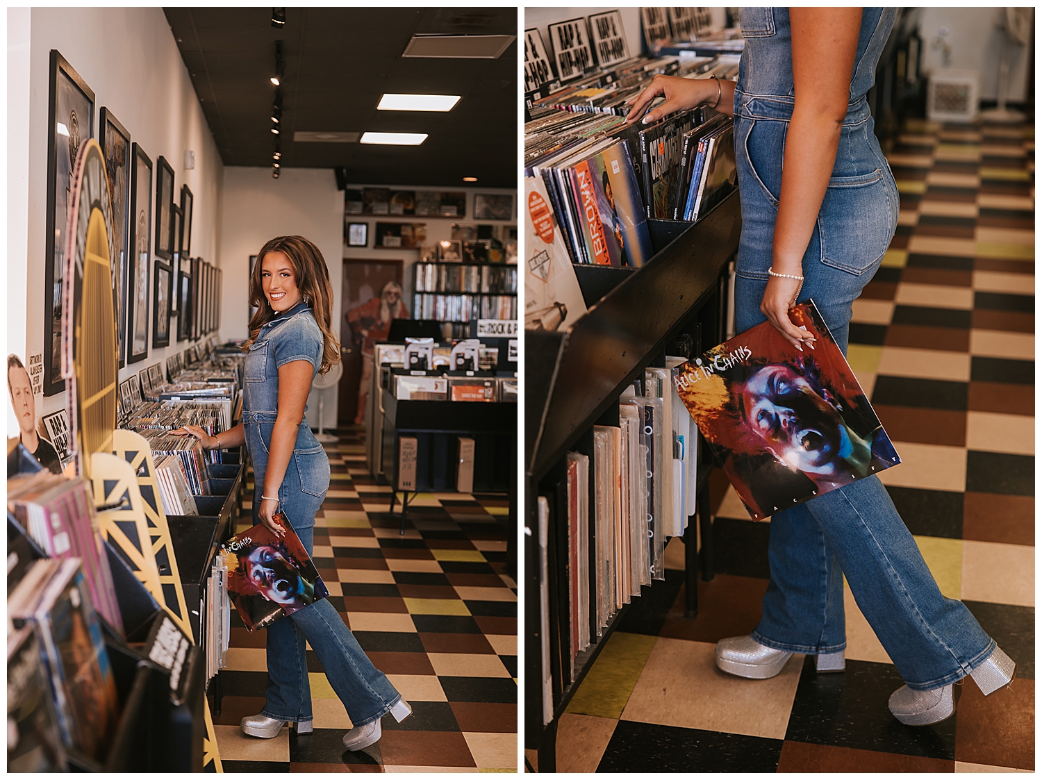 high school senior girl in denim jumpsuit standing in aisle of Cactus Record Store Houston holding album down by her side
