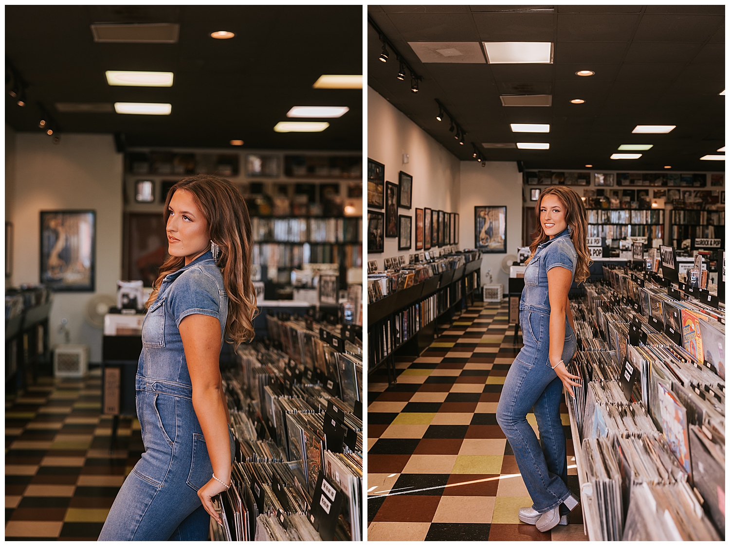 high school girl in denim jumpsuit leaning against albums at Cactus record store Houston