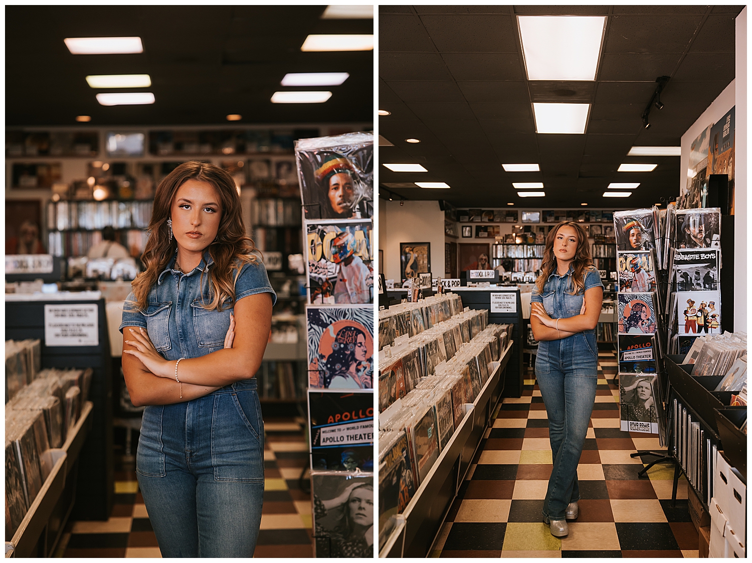 high school senior girl in denim jump suit standing with arms crossed inside Cactus Record Store Houston